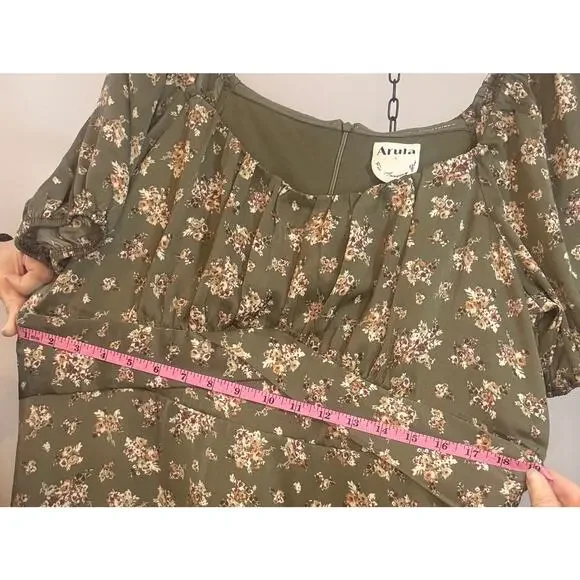 Arula Floral Cottagecore Dress Puff Sleeve Milkmaid Tie Front Green 1X estimated - Picture 8 of 11